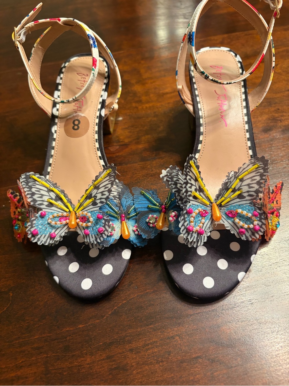 Betsey Johnson Black & Multi Butterfly Polka-Dot Ankle-Strap Heels - Picture 1 of 5